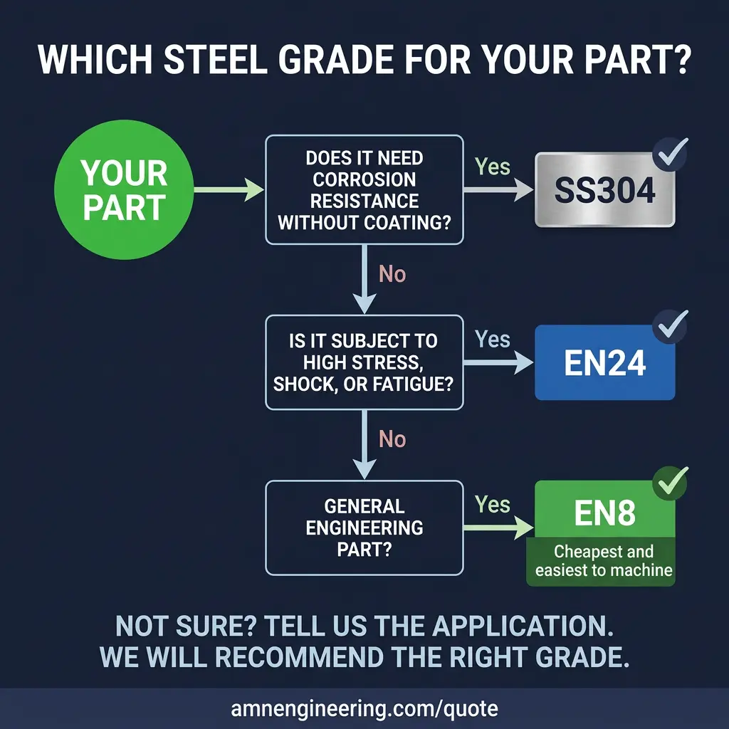 Decision flowchart for choosing between EN8, EN24, and SS304 steel grades based on corrosion resistance, strength requirements, and general engineering use